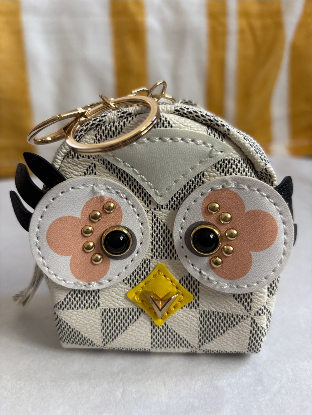 Designer-Inspired Mini Owl Bag Charm Keychain - Cream & Pink